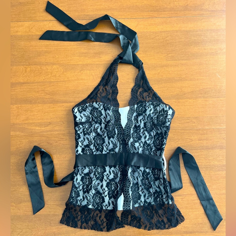 Cotton Express Stretchy Corset Halter Black lace & White Small
